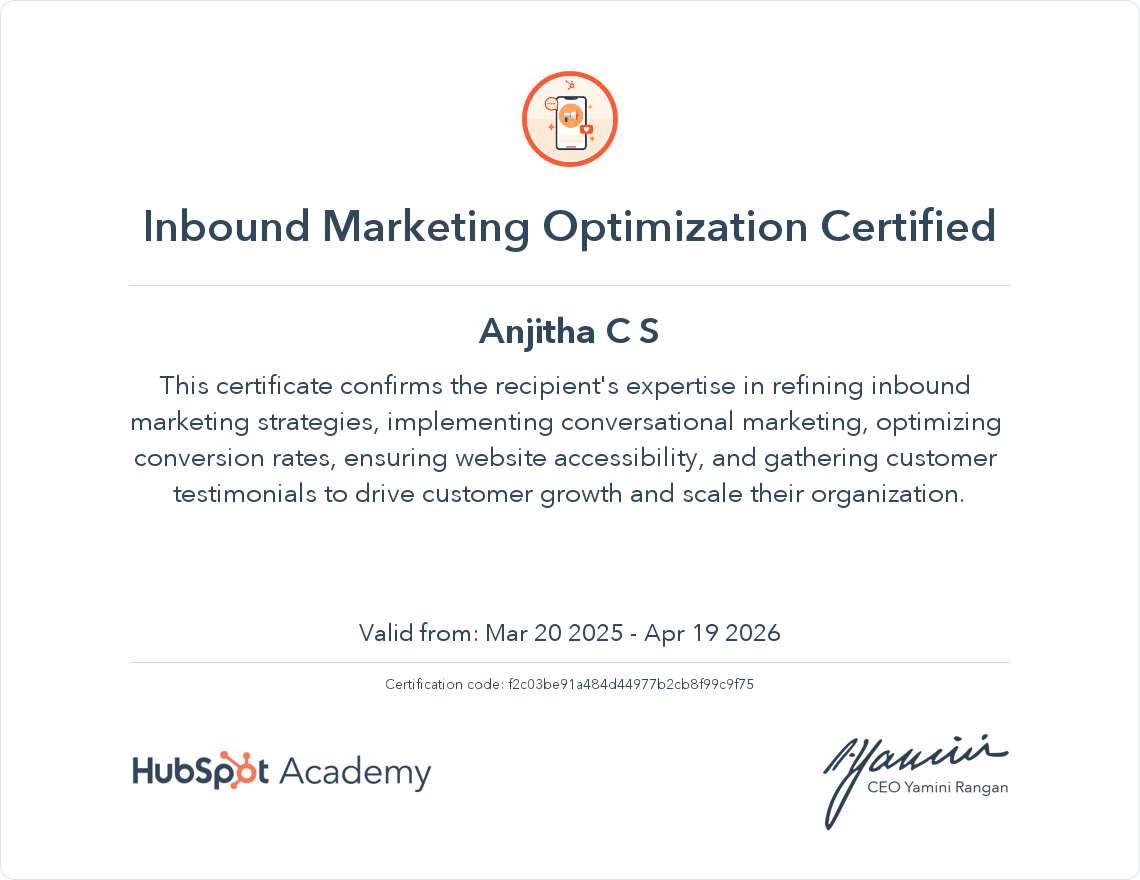 Inbound Marketing Optimization certificate